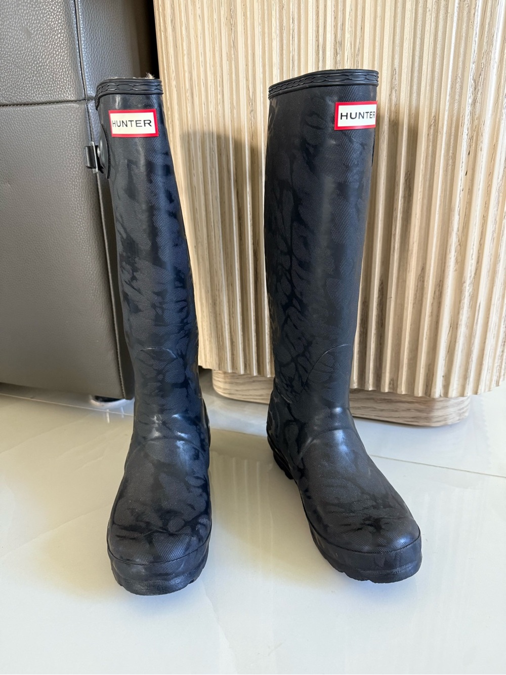 Hunter Black Tall Women's Rain Boots camo butterfly design